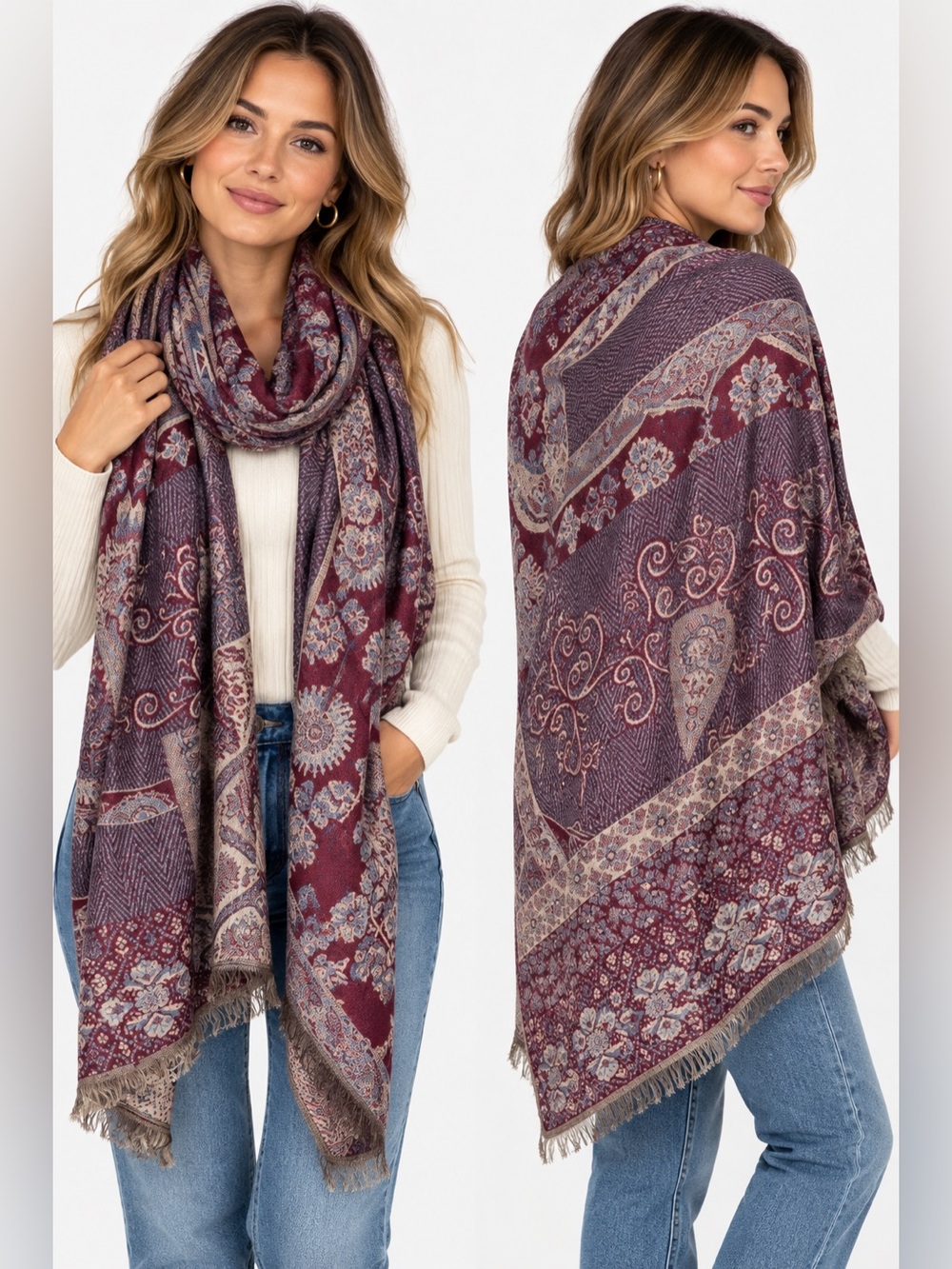 Boho Floral Pattern Plum Throw Scarf wrap